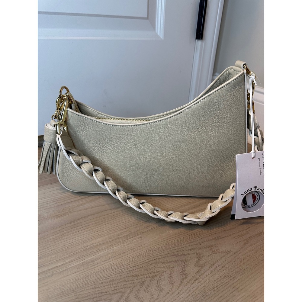 Anna Paola Italian Leather Shoulder Bag Beige Pebbled Hobo Crossbody NWT
